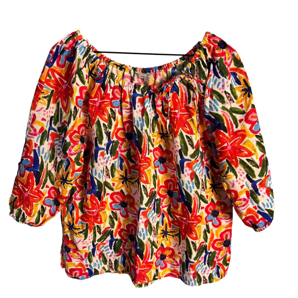 Hester & Orchard Linen Blend Floral Off Shoulder Blouse Top Womens Large Multi